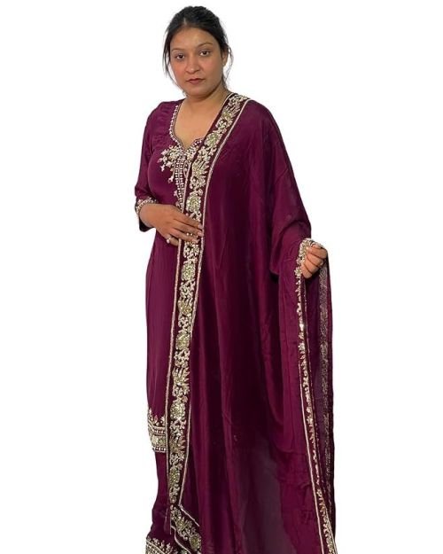 Women Embroidered Salwar Suit Set | Salwar Suit Fully Hand Work Embroidered | Punjabi Suit with Dupatta Set, Crepe with Polester Blend Fabric | Ethnic Wear & Stylish Suits | Maroon Color
