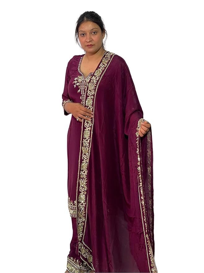 Women Embroidered Salwar Suit Set | Salwar Suit Fully Hand Work Embroidered | Punjabi Suit with Dupatta Set, Crepe with Polester Blend Fabric | Ethnic Wear & Stylish Suits | Maroon Color