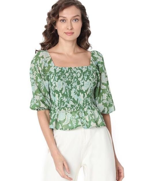 VERO MODA Floral Printed Puff Sleeve Cinched Waist Crop Top