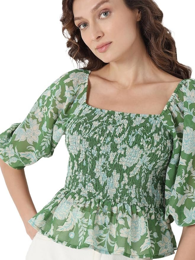VERO MODA Floral Printed Puff Sleeve Cinched Waist Crop Top
