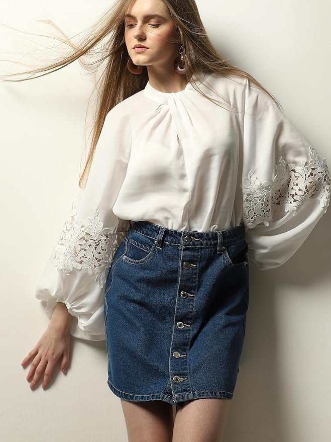 VERO MODA Tie-Up Neck Puff Sleeves Gathered Lace Detail Top