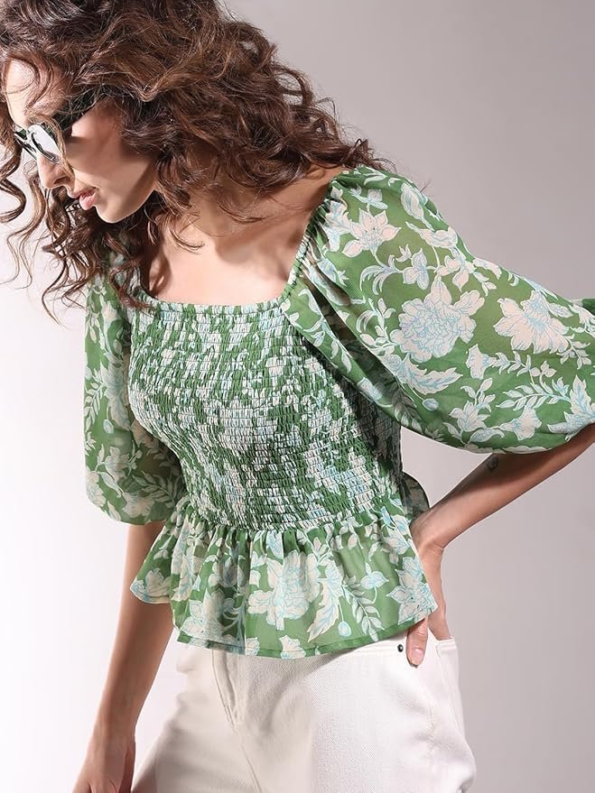 VERO MODA Floral Printed Puff Sleeve Cinched Waist Crop Top