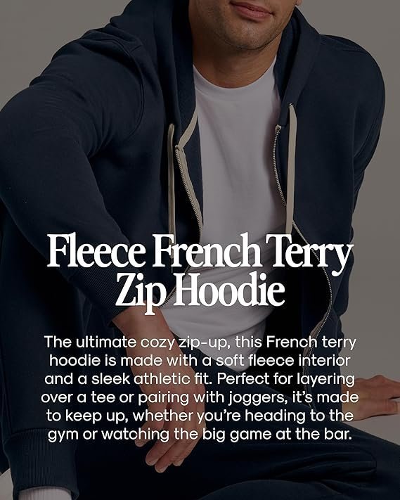Classic Men’s Fleece French Terry Zip Hoodie, Zip-up French Terry Fleece Hooded Sweatshirt Jacket for Men