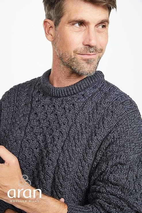 100% Irish Merino Wool Traditional Crew Neck Aran Sweater by Carraig Donn