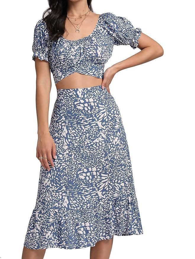 Women’s 2 Piece Outfits Floral Self Tie Knot Crop Top and Midi Skirt Set, 2#blue, Small