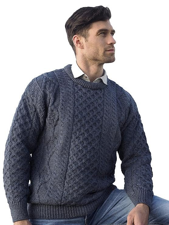 Aran Crafts Irish Soft Cable Knitted Crew Neck Sweater (100% Pure New Wool)