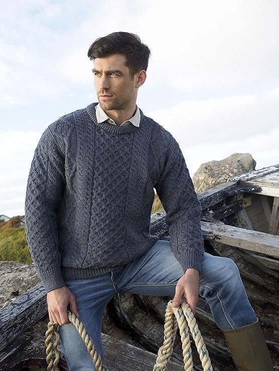 Aran Crafts Irish Soft Cable Knitted Crew Neck Sweater (100% Pure New Wool)